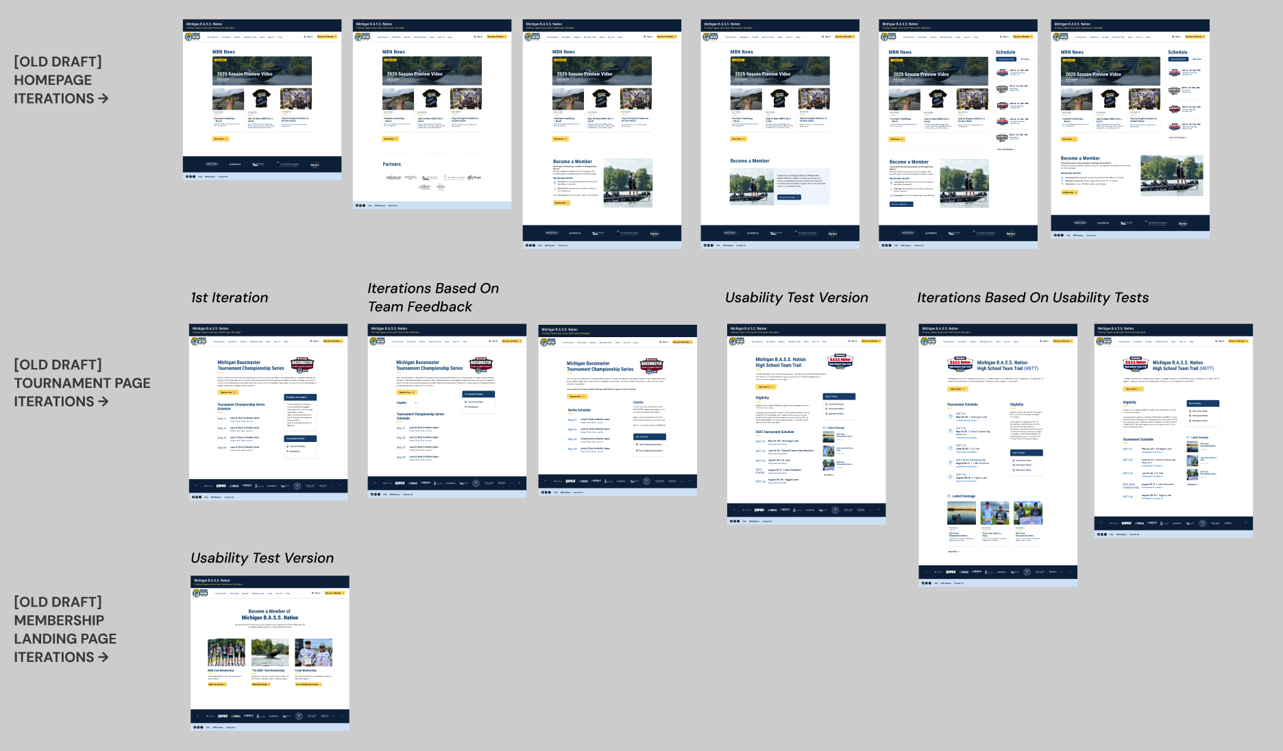 Figma page of Bass Nation design iterations